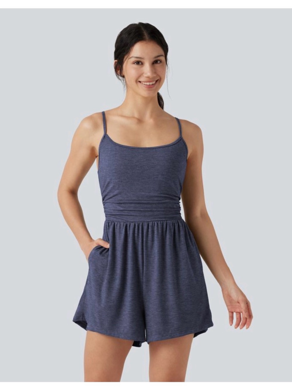 Halara romper, easy peezy, pockets, built-in bra, medium, mottled indigo